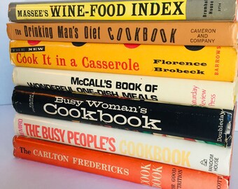 Mid Century Cookbook Set 7 Books, 60s & 70s One Dish Meals Drinking Man's Diet Wine Food Index Busy Womans-Farm Journal Casserole Cookbook