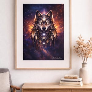 Pode incluir: Uma impressão de arte emoldurada com uma ilustração detalhada de um lobo com um fundo celestial. O lobo é adornado com penas e joias. A obra de arte é assinada "Ayla Selvatica".