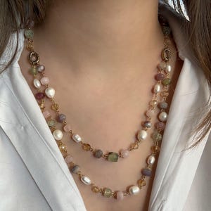 Handmade Amethyst,Citrine,Rose Quartz,Prinayt&Pearl Layered Necklace ,14K Gold Plated Gemstone Beaded Jewelry,Elegant