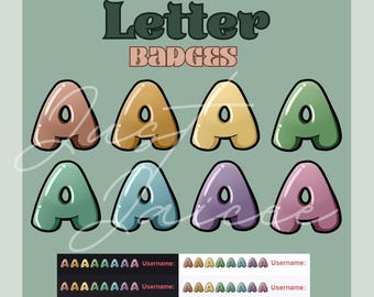 May include: Eight colorful letter A badges in various shades of brown, yellow, green, blue, purple, and pink. The badges are arranged in two rows of four. The text "Letter Badges" is at the top of the image.