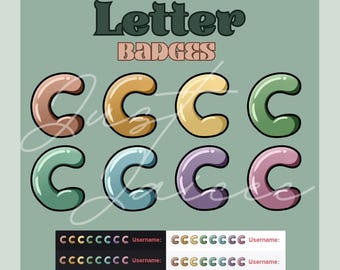 May include: Eight colorful letter C badges in a retro style. The badges are in shades of pink, green, blue, purple, orange, and yellow. The text "Letter Badges" is at the top of the image.