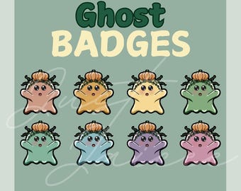 Puede incluir: Ocho insignias de fantasmas con sombreros de calabaza y enredaderas de hojas. Los fantasmas son de diferentes colores: melocotón, amarillo, verde, azul claro, morado y rosa.