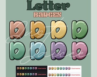 May include: Eight colorful letter 'D' badges in various pastel shades, including pink, green, blue, and yellow. The badges are arranged in two rows of four, with the text 'Letter Badges' above them.
