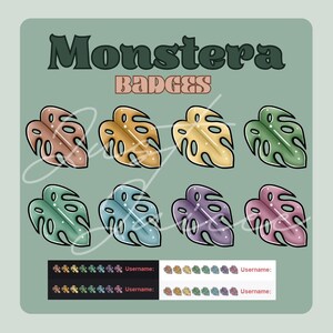 May include: Eight colorful Monstera leaf badges with a green background. The text "Monstera Badges" is at the top of the image.