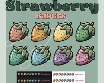 May include: Eight strawberry badges in different colors, including pink, green, blue, purple, yellow, and brown. The badges are arranged in two rows of four. The text "Strawberry Badges" is at the top of the image.
