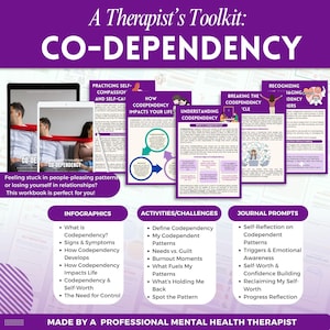 Puede incluir: Un cuaderno de trabajo titulado "A Therapist's Toolkit: CO-DEPENDENCY" con un dise&ntilde;o morado y blanco. El cuaderno de trabajo incluye infograf&iacute;as, actividades y indicaciones de diario. El texto de la portada dice: "&iquest;Atrapado en patrones de complacencia o perdi&eacute;ndose en las relaciones?"