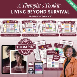 Op de afbeelding: Een Therapeuten Toolkit: Leven voorbij overleving trauma werkboek. De afbeelding toont een verzameling werkboeken, waaronder onderwerpen als het herstellen van veiligheid en emotionele patronen. Het ontwerp bevat de tekst "Gemaakt door een therapeut, in licentie" en "Digitaal invulbaar werkboek."