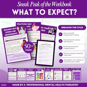 Puede incluir: Vista previa de un cuaderno de trabajo con tema p&uacute;rpura, titulado "WHAT TO EXPECT?" con secciones sobre autoestima, autocuidado y progreso. Incluye una tableta que muestra "Assertive Shifts" y una lista de temas como "Breaking the Cycle". El cuaderno tiene m&aacute;s de 50 p&aacute;ginas.