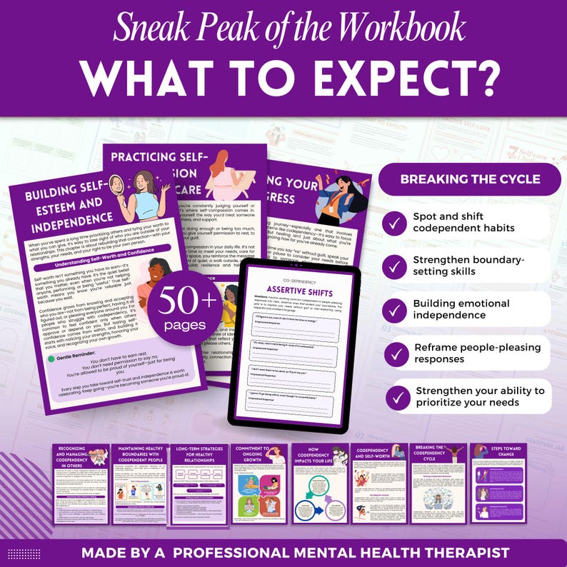 Puede incluir: Vista previa de un cuaderno de trabajo con tema p&uacute;rpura, titulado "WHAT TO EXPECT?" con secciones sobre autoestima, autocuidado y progreso. Incluye una tableta que muestra "Assertive Shifts" y una lista de temas como "Breaking the Cycle". El cuaderno tiene m&aacute;s de 50 p&aacute;ginas.