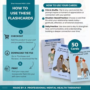 Puede incluir: Un gr&aacute;fico turquesa y blanco con instrucciones sobre c&oacute;mo usar tarjetas did&aacute;cticas. La imagen incluye el texto "C&oacute;mo usar estas tarjetas did&aacute;cticas" y "50 tarjetas". Las tarjetas tienen ilustraciones de parejas y indicaciones.