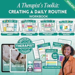 Puede incluir: Un cuaderno de trabajo titulado "Creando una rutina diaria" con el texto "A Therapist's Toolkit". La portada presenta varias páginas con gráficos y texto coloridos. Incluye un cuaderno de trabajo digital rellenable y opción de impresión. Más de 40 páginas.