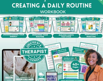 Può includere: Un quaderno di lavoro intitolato "Creare una routine quotidiana" con il testo "A Therapist's Toolkit". La copertina presenta diverse pagine con grafica e testo colorati. Include un quaderno di lavoro digitale compilabile e l'opzione di stampa. Più di 40 pagine.