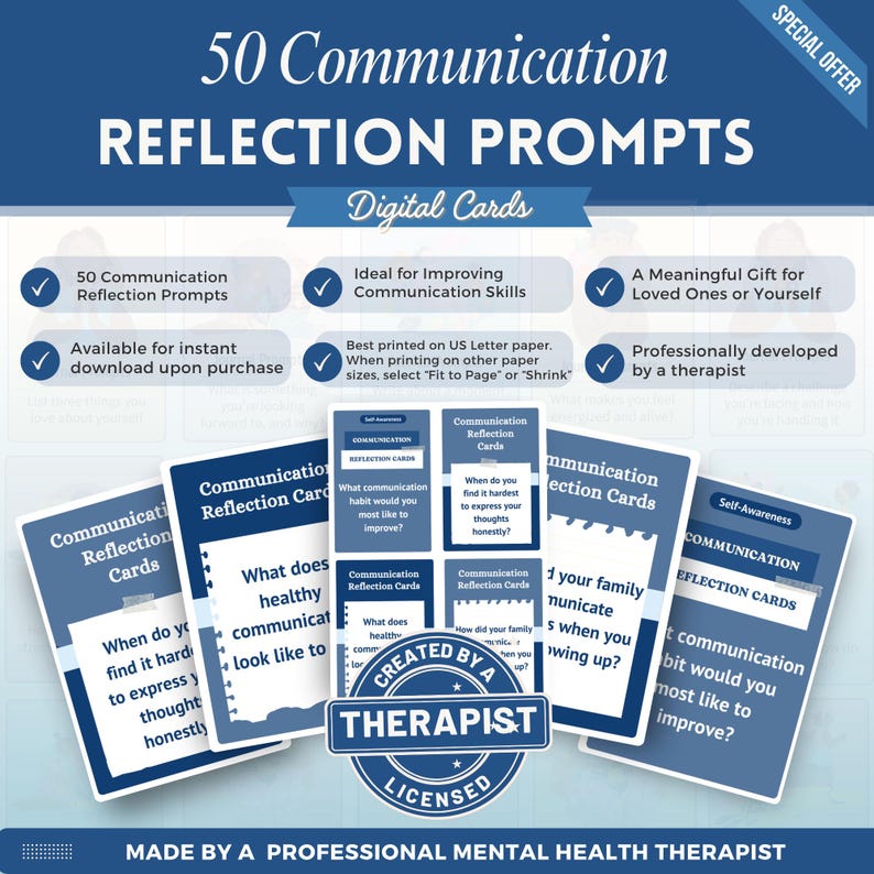 May include: A set of 50 digital communication reflection prompt cards with a blue and white color scheme. The cards feature text such as 'What communication habit would you most like to improve?' and 'When do you find it hardest to express your thoughts honestly?'
