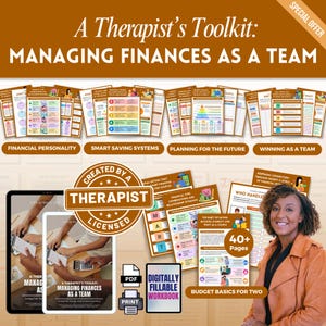 Puede incluir: Kit de herramientas del terapeuta: Gestión de finanzas en equipo. La imagen presenta una colección de hojas de trabajo imprimibles y un cuaderno de trabajo digital. Los temas incluyen personalidad financiera, ahorro inteligente y planificación. Una mujer sonríe.