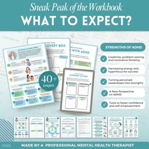 Increase productivity with ADHD a mental health digital and fillable workbook created by a licensed mental health therapist.
