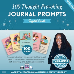 Puede incluir: Un conjunto de 100 tarjetas digitales de diario con ilustraciones coloridas y texto. Las tarjetas se muestran sobre un fondo azul verdoso con el texto 100 Thought-Provoking Journal Prompts. Una insignia indica que fueron creadas por un terapeuta.