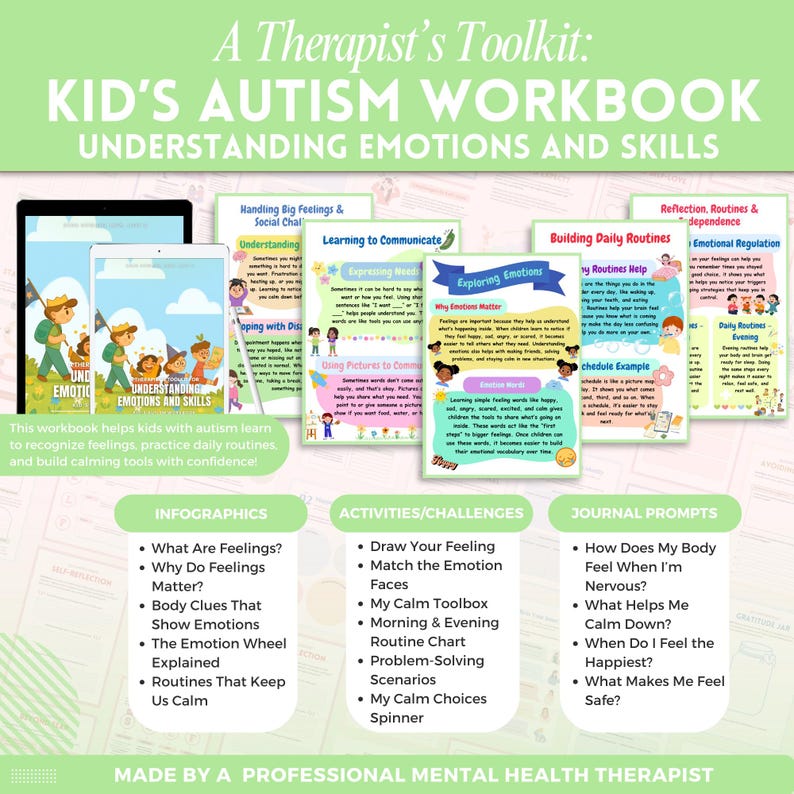 Puede incluir: Un cuaderno de trabajo titulado "Kid's Autism Workbook: Understanding Emotions and Skills" con ilustraciones coloridas. El cuaderno incluye secciones sobre la comprensi&oacute;n de las emociones, las rutinas diarias y las herramientas de calma. Tambi&eacute;n presenta infograf&iacute;as, actividades y preguntas de diario.