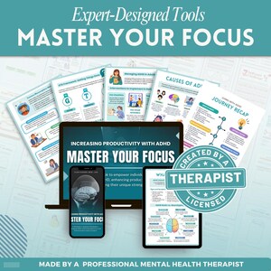 Increase productivity with ADHD a mental health digital and fillable workbook created by a licensed mental health therapist.