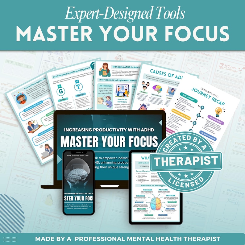 Increase productivity with ADHD a mental health digital and fillable workbook created by a licensed mental health therapist.
