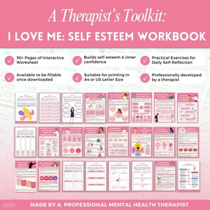 May include: A pink self-esteem workbook titled "I Love Me". The workbook includes over 50 pages of interactive worksheets, exercises, and self-reflection prompts. It is designed to build self-esteem and confidence, and is suitable for printing in US Letter size.