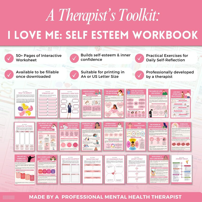 May include: A pink self-esteem workbook titled "I Love Me". The workbook includes over 50 pages of interactive worksheets, exercises, and self-reflection prompts. It is designed to build self-esteem and confidence, and is suitable for printing in US Letter size.