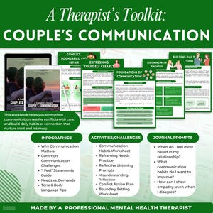K&ouml;nnte beinhalten: Ein Arbeitsbuch mit dem Titel 'A Therapist's Toolkit: Couple's Communication'. Es enth&auml;lt Infografiken, Aktivit&auml;ten und Journal-Eingabeaufforderungen zur Verbesserung der Kommunikation und zur L&ouml;sung von Konflikten. Das Cover zeigt ein sich umarmendes Paar. Es soll t&auml;gliche Verbindungsgewohnheiten aufbauen.