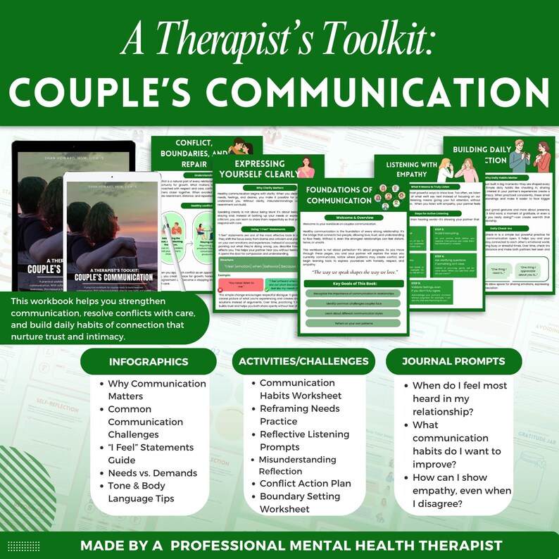 K&ouml;nnte beinhalten: Ein Arbeitsbuch mit dem Titel 'A Therapist's Toolkit: Couple's Communication'. Es enth&auml;lt Infografiken, Aktivit&auml;ten und Journal-Eingabeaufforderungen zur Verbesserung der Kommunikation und zur L&ouml;sung von Konflikten. Das Cover zeigt ein sich umarmendes Paar. Es soll t&auml;gliche Verbindungsgewohnheiten aufbauen.