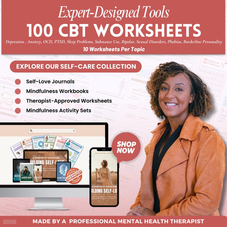CBT Worksheets a mental health digital and fillable workbook created by a licensed mental health therapist.