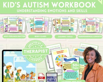 Puede incluir: Un kit de herramientas para terapeutas: Kid's Autism Workbook. La imagen muestra una colección de cuadernos de trabajo y recursos digitales diseñados para ayudar a los niños a comprender las emociones y las habilidades. Los cuadernos cubren temas como las señales corporales, las herramientas de calma y la independencia.