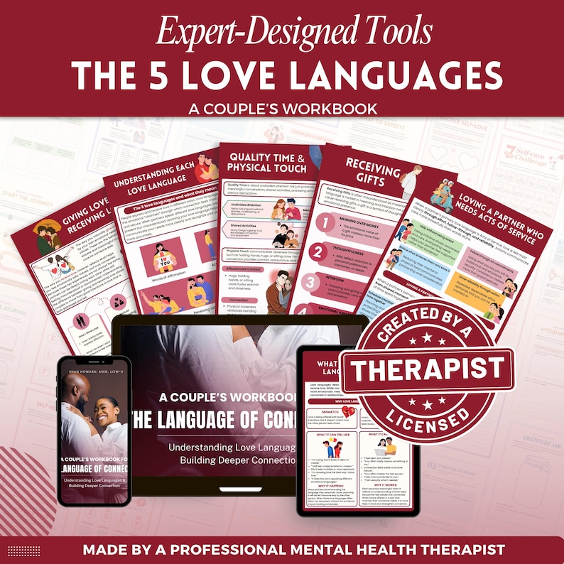 Puede incluir: Un conjunto de materiales educativos, que incluyen una tableta, un tel&eacute;fono inteligente y p&aacute;ginas impresas, con el t&iacute;tulo "THE 5 LOVE LANGUAGES". Los materiales est&aacute;n dise&ntilde;ados para parejas, con el texto "A COUPLE'S WORKBOOK" y "Understanding Love Languages". Un sello dice "CREATED BY A THERAPIST LICENSED."