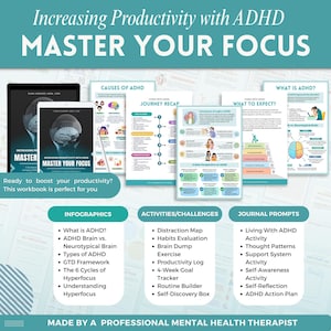 Increase productivity with ADHD a mental health digital and fillable workbook created by a licensed mental health therapist.
