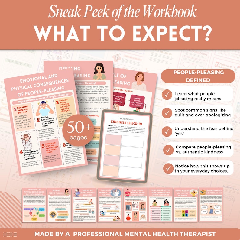Puede incluir: Un cuaderno de trabajo rosa y blanco titulado "Sneak Peek of the Workbook: What to Expect?" Las p&aacute;ginas discuten las consecuencias emocionales y f&iacute;sicas de complacer a la gente, con una secci&oacute;n de "Kindness Check-In". Contiene m&aacute;s de 50 p&aacute;ginas.