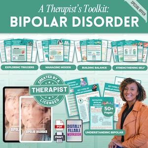 Könnte beinhalten: Ein Therapeuten-Toolkit für bipolare Störungen mit druckbaren und digitalen Arbeitsbüchern. Das Bild zeigt die Texte „Auslöser erforschen“, „Stimmungen managen“, „Gleichgewicht aufbauen“ und „Sich selbst stärken“.