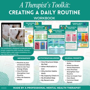 K&ouml;nnte beinhalten: Ein Arbeitsbuch mit dem Titel "Creating a Daily Routine" mit dem Text "A Therapist's Toolkit". Das Arbeitsbuch enth&auml;lt Infografiken, Aktivit&auml;ten und Journal-Eingabeaufforderungen. Das Cover zeigt ein Tablet und mehrere farbige Seiten mit Text und Grafiken.