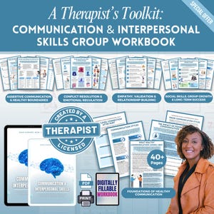 以下が含まれることがあります： 「A Therapist's Toolkit: Communication & Interpersonal Skills Group Workbook」というタイトルのワークブック。画像には、いくつかの開いたワークブック、タブレット、笑顔の女性が写っています。ワークブックは、アサーティブなコミュニケーションや対立解決などのトピックをカバーしています。