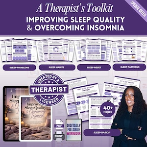 May include: A digital workbook titled A Therapist's Toolkit: Improving Sleep Quality & Overcoming Insomnia, featuring over 40 pages of printable and fillable content. The purple-themed pages include sections on sleep problems, habits, and patterns.