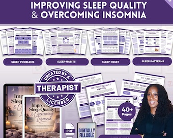 May include: A digital workbook titled A Therapist's Toolkit: Improving Sleep Quality & Overcoming Insomnia, featuring over 40 pages of printable and fillable content. The purple-themed pages include sections on sleep problems, habits, and patterns.