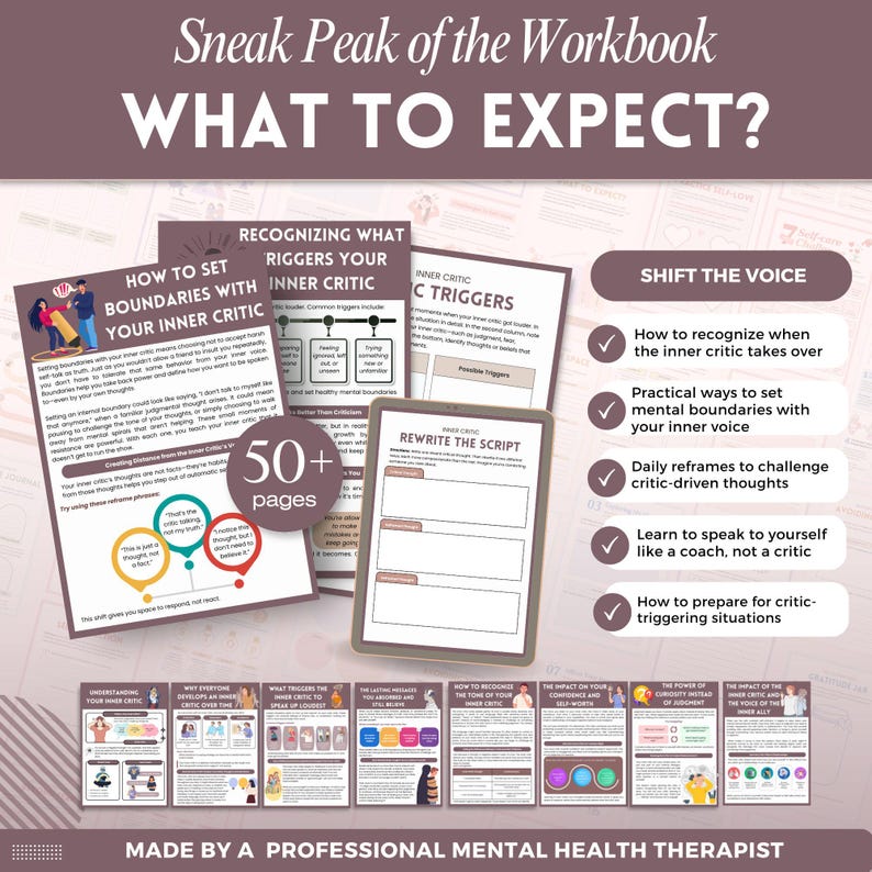 May include: A workbook preview with the title "Sneak Peak of the Workbook: WHAT TO EXPECT?" The pages include topics like setting boundaries, recognizing triggers, and rewriting the script. The workbook has over 50 pages and is made by a professional mental health therapist.