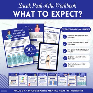 May include: A preview of a workbook titled "WHAT TO EXPECT?" shows pages on personal growth, self-discovery, and overcoming challenges. The image includes a tablet displaying a worksheet and the text "50+ pages."