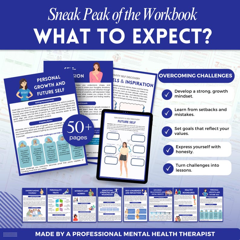 May include: A preview of a workbook titled "WHAT TO EXPECT?" shows pages on personal growth, self-discovery, and overcoming challenges. The image includes a tablet displaying a worksheet and the text "50+ pages."