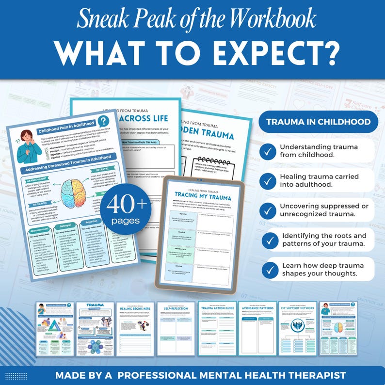 Healing from trauma a mental health digital and fillable workbook created by a licensed mental health therapist.