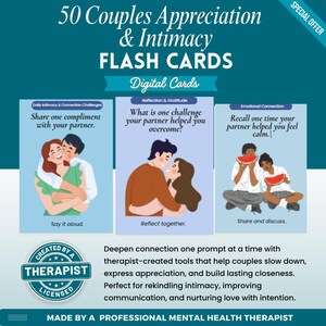 Puede incluir: Un gr&aacute;fico turquesa que anuncia "50 Tarjetas de Apreciaci&oacute;n e Intimidad para Parejas". La imagen muestra tres tarjetas con indicaciones de relaci&oacute;n e ilustraciones de parejas. Las tarjetas est&aacute;n etiquetadas como "Desaf&iacute;os Diarios de Intimidad y Conexi&oacute;n", "Reflexi&oacute;n y Gratitud" y "Conexi&oacute;n Emocional".