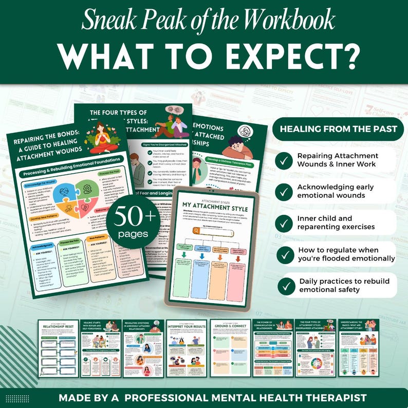 May include: A workbook with the title "WHAT TO EXPECT?" features several pages with text and graphics. Topics include healing attachment wounds, emotional regulation, and understanding attachment styles. The workbook has over 50 pages and is made by a professional mental health therapist.