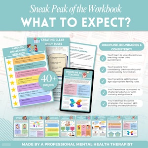 Pode incluir: Pr&eacute;-visualiza&ccedil;&atilde;o de um livro de exerc&iacute;cios com o t&iacute;tulo "WHAT TO EXPECT?" com p&aacute;ginas sobre como lidar com comportamentos desafiadores, criar regras familiares e disciplina. Um tablet mostra "Discipline as Teaching". O livro de exerc&iacute;cios, com mais de 40 p&aacute;ginas, &eacute; feito por um terapeuta de sa&uacute;de mental profissional.