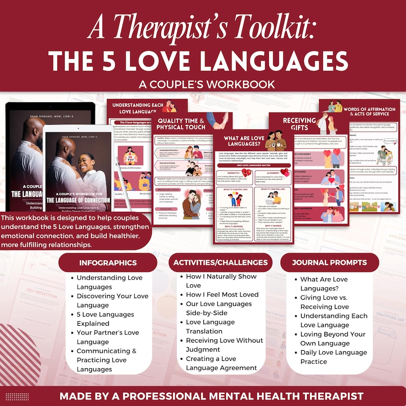 Puede incluir: Un libro de trabajo de "A Therapist's Toolkit" titulado "Los 5 lenguajes del amor", con infograf&iacute;as, actividades y indicaciones de diario. Est&aacute; dise&ntilde;ado para ayudar a las parejas a comprender los 5 lenguajes del amor y fortalecer la conexi&oacute;n emocional.