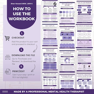May include: A digital sleep hygiene workbook featuring purple and white instructional pages. The left side outlines a three-step process: checkout, download, and print or edit. The right side displays multiple pages covering sleep quality, logs, and techniques.