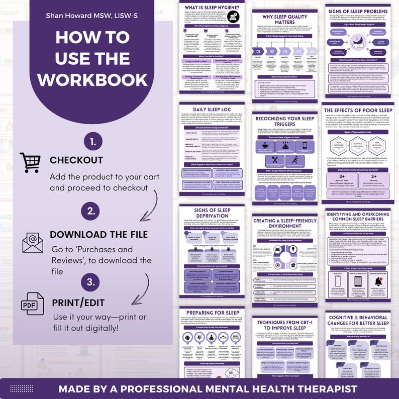 May include: A digital sleep hygiene workbook featuring purple and white instructional pages. The left side outlines a three-step process: checkout, download, and print or edit. The right side displays multiple pages covering sleep quality, logs, and techniques.