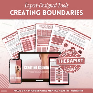 May include: A digital toolkit for creating boundaries featuring multiple printed documents, a tablet, and a smartphone displaying the title "CREATING BOUNDARIES: A Therapist's Toolkit for Creating and Keeping Healthy Boundaries in Everyday Life."