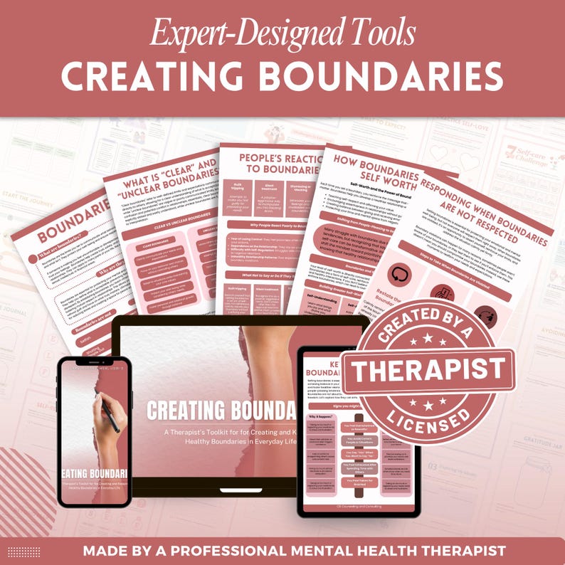 May include: A digital toolkit for creating boundaries featuring multiple printed documents, a tablet, and a smartphone displaying the title "CREATING BOUNDARIES: A Therapist's Toolkit for Creating and Keeping Healthy Boundaries in Everyday Life."
