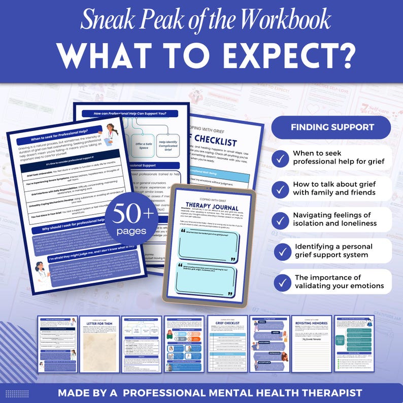 Grief and Loss a mental health digital and fillable workbook created by a licensed mental health therapist.